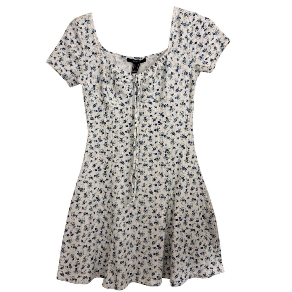 Forever 21 Dress Milkmaid Fit Flare Sz S Floral Ribbed Cotton Cottage Coquette